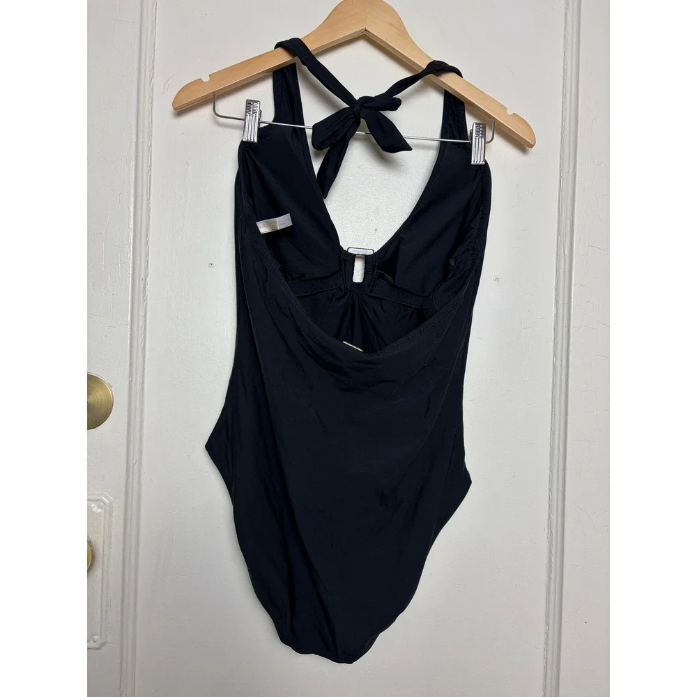 Helen Jon Womens Halter One Piece Swimsuit Black‎ Tortoise Ring Detail Size L